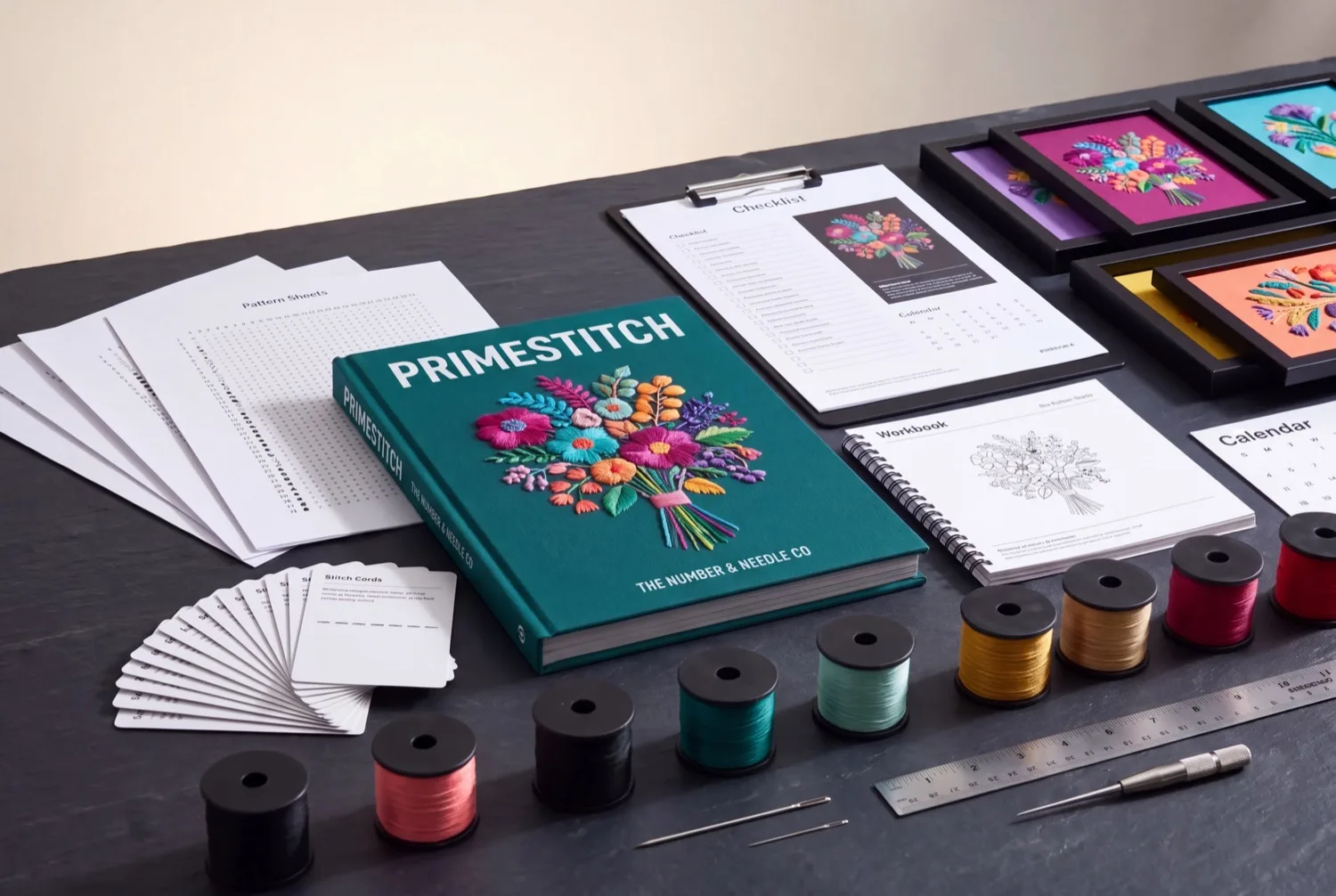 PRIMESTITCH™ — everything inside: pattern sheets, stitch cards, workbook and finished pieces