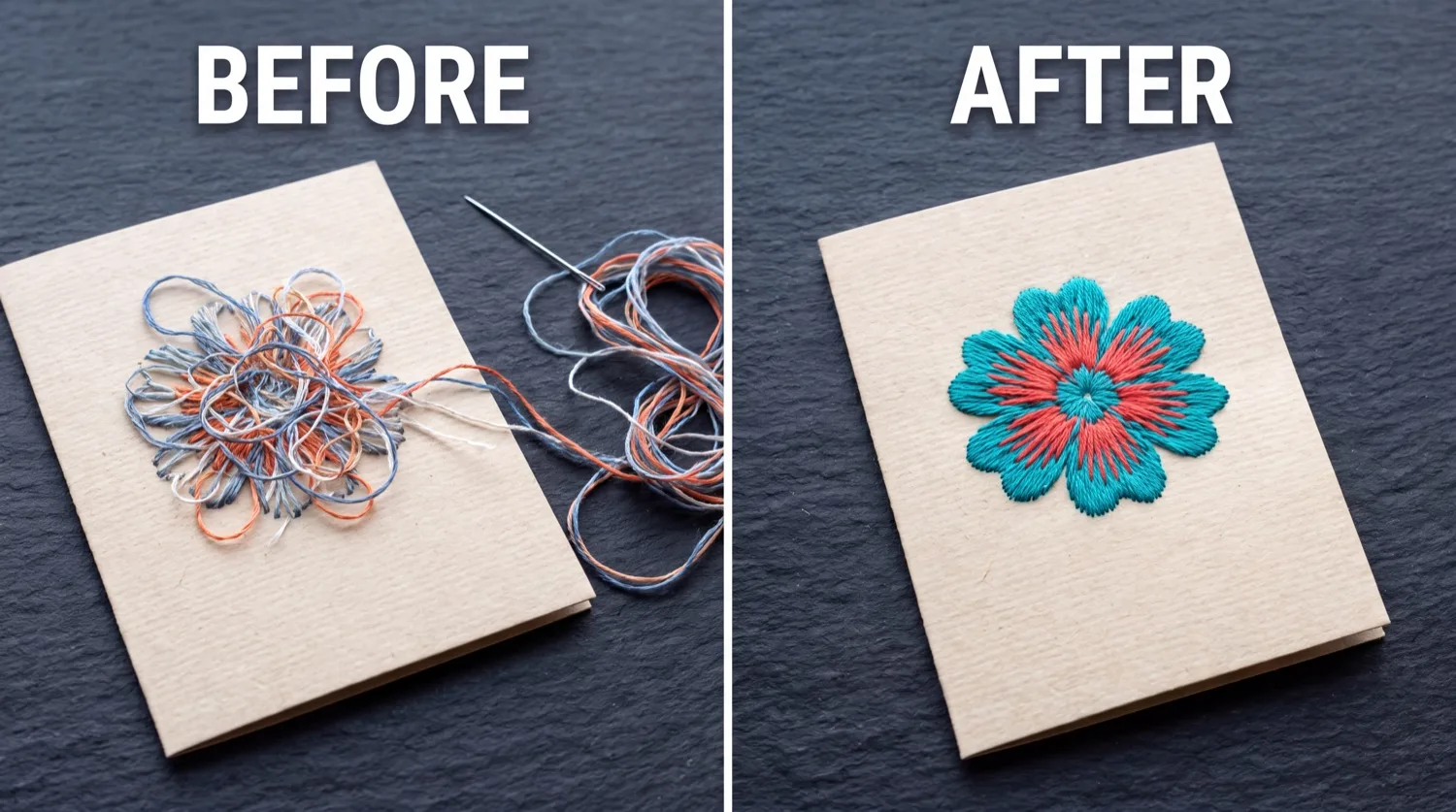 Before and after: from a frustrating failed attempt to a beautiful finished paper-embroidery piece