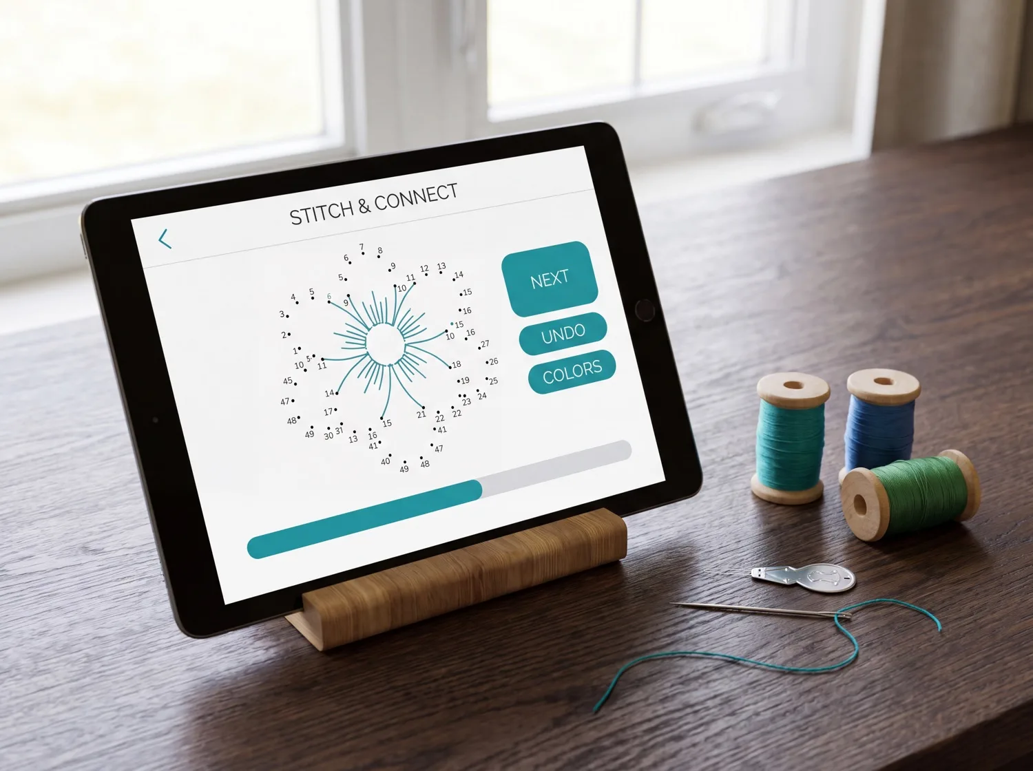 THE NUMBER & NEEDLE CO on a tablet: one design at 200 mm with 2.6 mm hole spacing