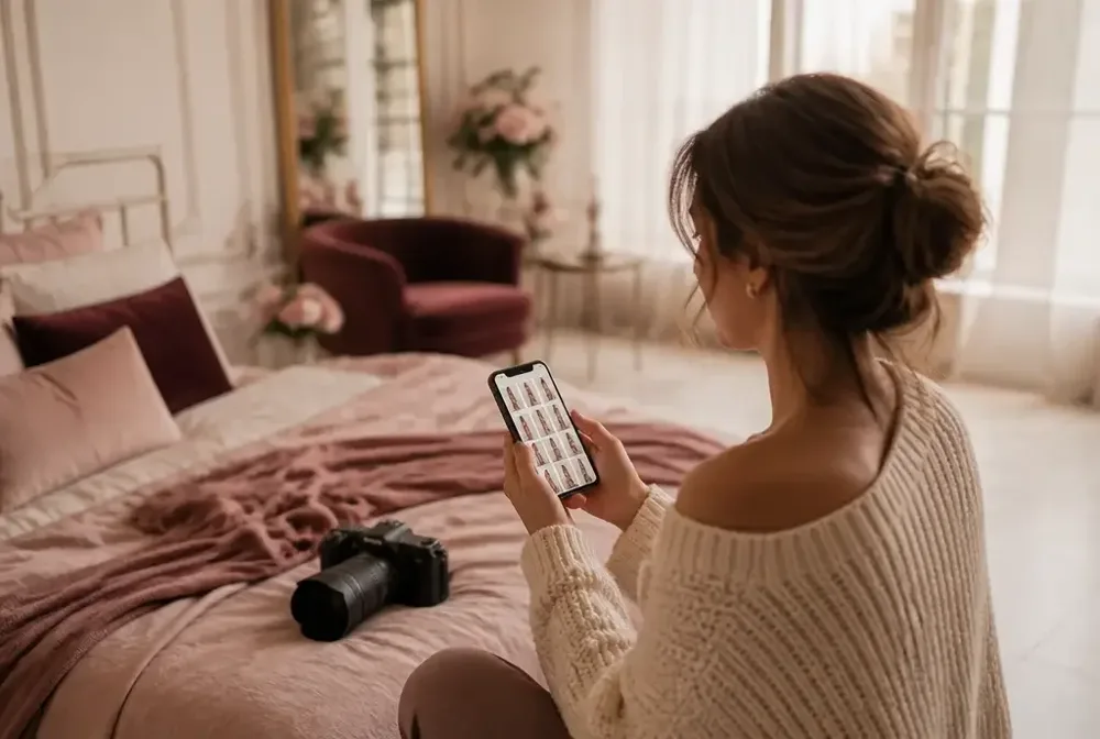 Photographer checking boudoir pose references on her phone before the session