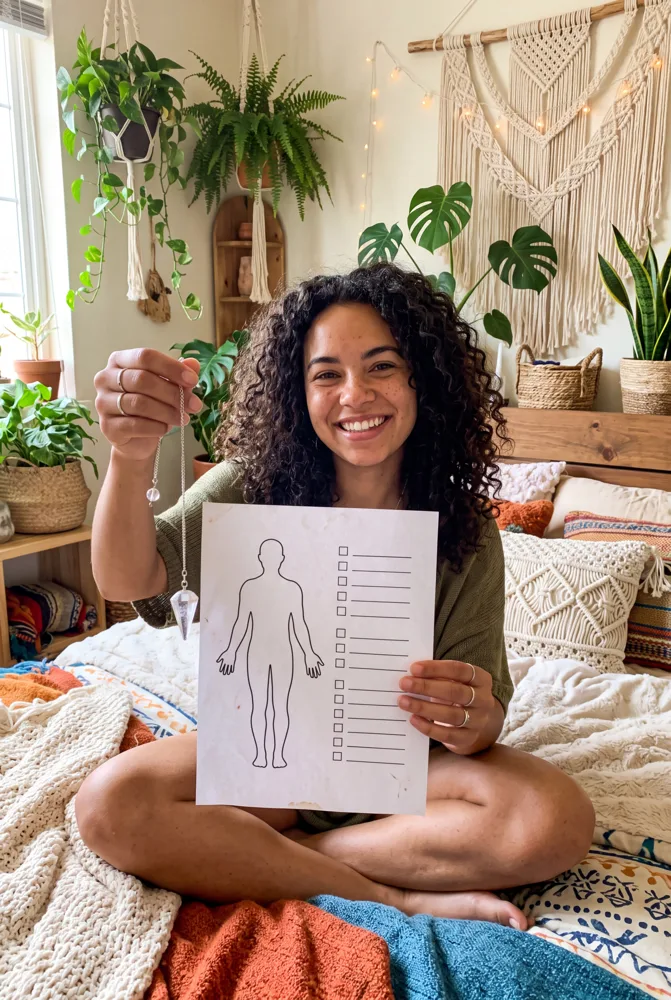 Young woman holding the body map and a pendulum