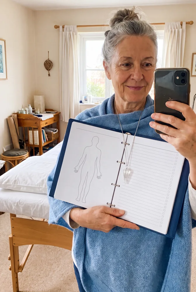Senior practitioner with the binder next to her therapy table